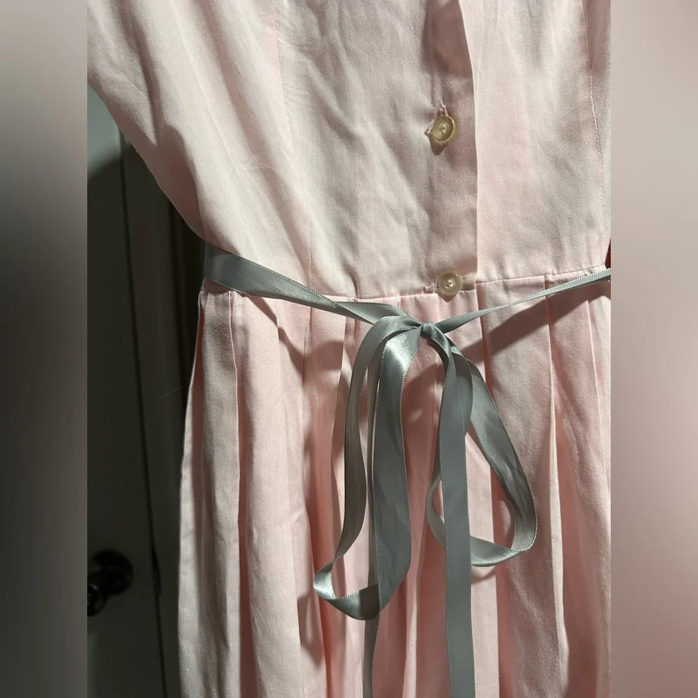 Pink Vintage A-Line Tea Length Collared Button Up Dress with Gray Ribbon Belt - Picture 7 of 8
